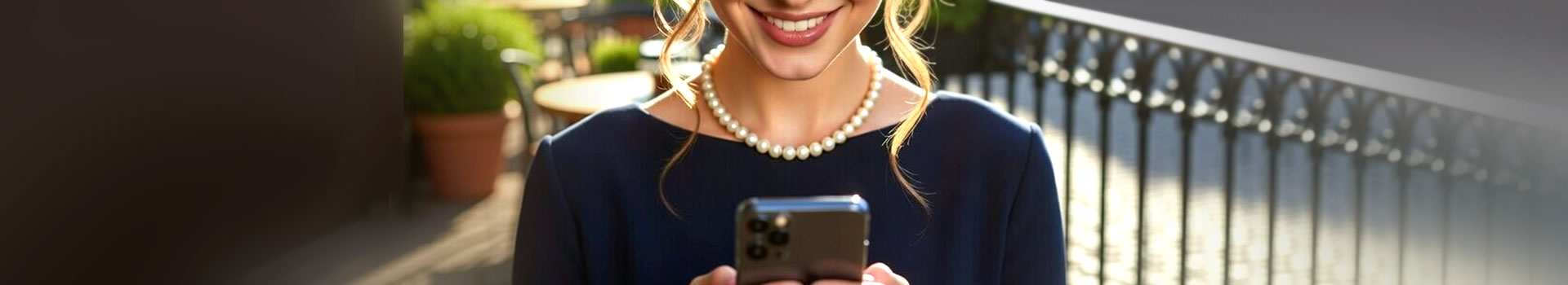 Stijlvolle vrouw met smartphone bekijkt haar Direct-Mail