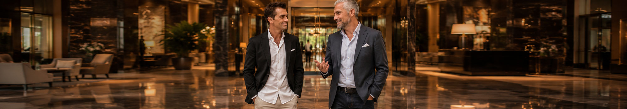 Oprichters van Sensual Business in gesprek in een stijlvolle hotellobby