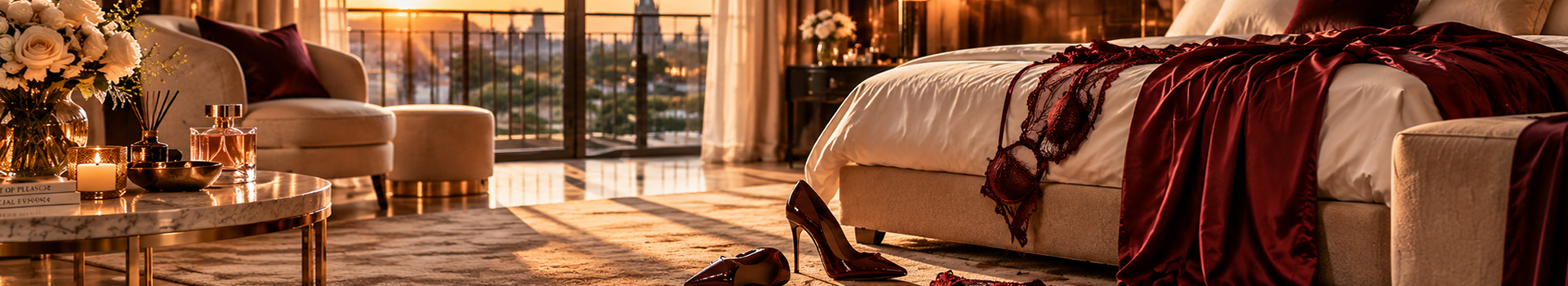 Escort beleving met bordeaux lingerie en stilettos in een warme, stijlvolle hotelsuite