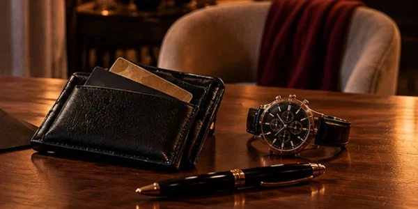 Portefeuille, balpen en horloge op een bureau als illustratie voor betaalopties.