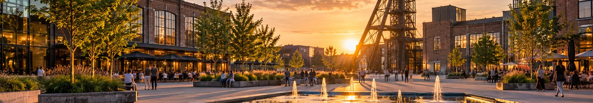 C-mine in Genk bij zonsondergang met mijnsite, terrassen en waterpartij