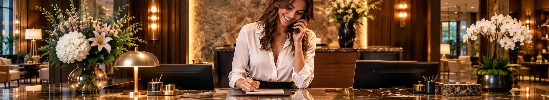 Luxe hotelreceptie met elegante dame achter de balie voor de Info Desk van Sensual Business