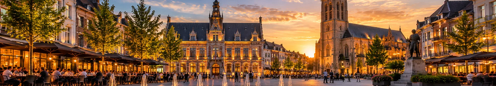 Grote Markt van Roeselare bij zonsondergang met stadhuis, kerk en terrassen