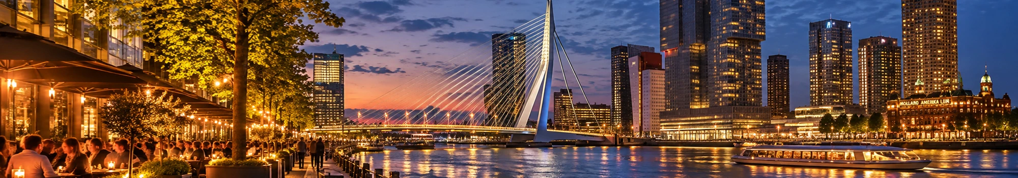 Avondsfeer aan de Maas in Rotterdam met Erasmusbrug, skyline en verlichte terrassen