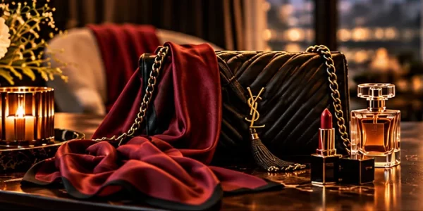 Luxe handtas, lipstick en parfum ter illustratie van escort tarieven.