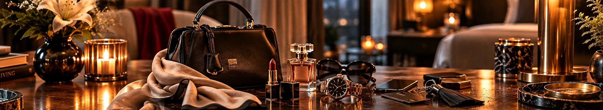 Elegante handtas met parfum, lipstick, horloge en accessoires voor tariefoverzicht van Sensual Business